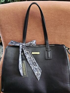 London Fog Black Women's Leather Tote Bag with Scarf Accent